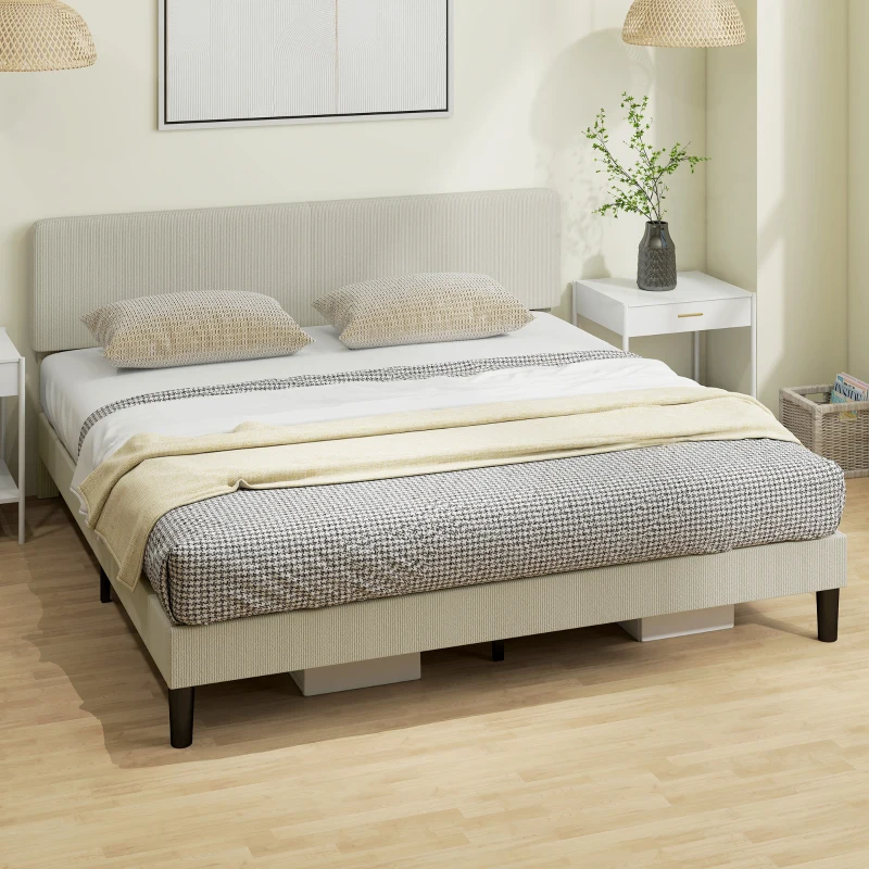 HOMCOM King Size Bed Frame with Adjustable Upholstered Headboard Platform Bed Frame Wood Slat Support Noise Free Light Grey