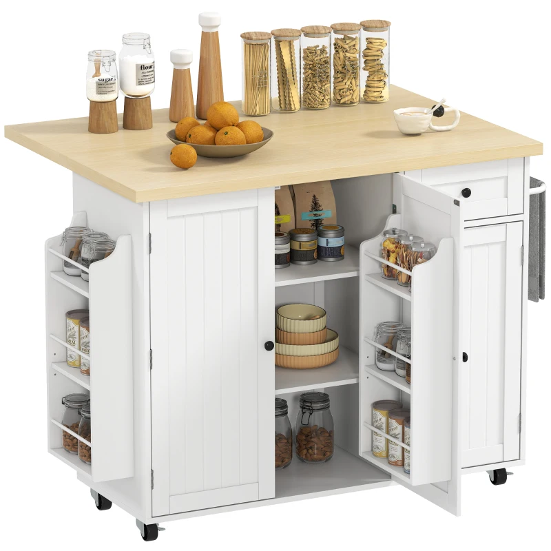 HOMCOM Kitchen Island Cart, Rolling Kitchen Island Table with Drop Leaf, Drawer, Spice and Towel Rack, White