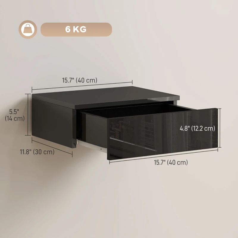 HOMCOM Set of 2 Wall Mounted Bedside Tables, High Gloss Floating Nightstands with Drawer for Bedroom, Black