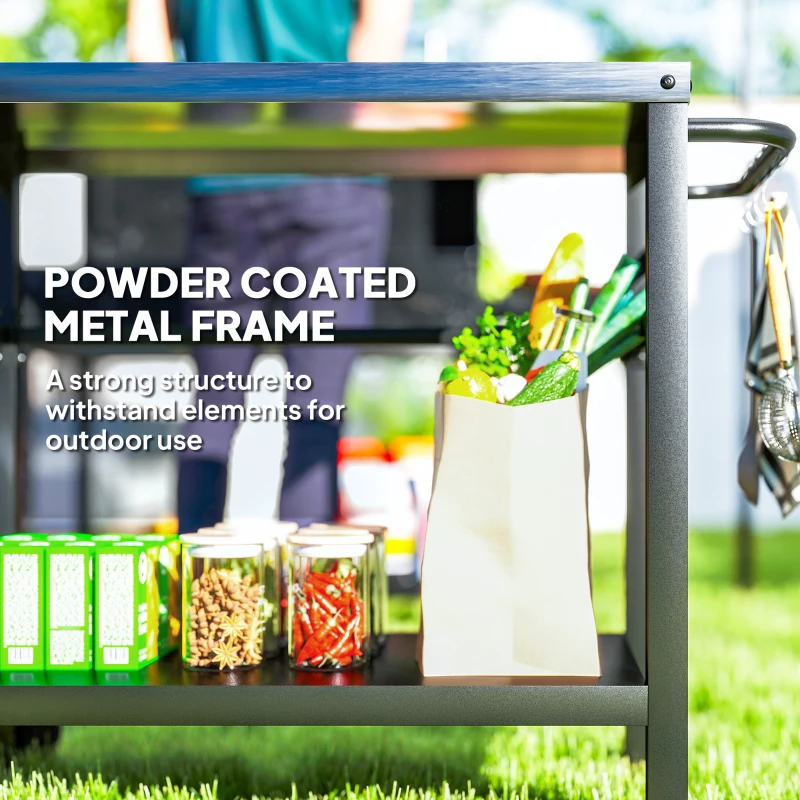 Outsunny Outdoor Grill Dining Cart with Stainless Steel Tabletop, 2-Shelf BBQ Movable Pizza Oven Stand with Wheels, Charcoal Grey