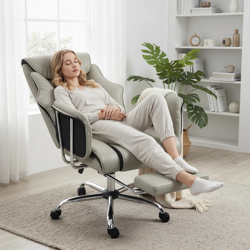 HOMCOM Reclining Office Chair, Overstuffed Executive Desk Chair with High Back, PU Leather, Footrest, Swivel Wheels, Grey