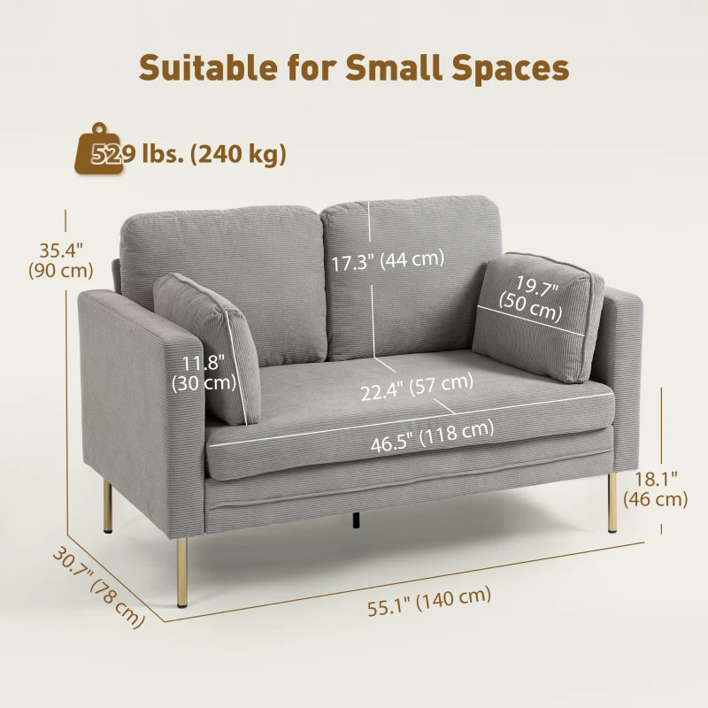 HOMCOM Loveseat Sofa, 55" Small Sofa Couch with 2 Pillows, Metal Legs for Living Room, Bedroom, Apartment, Grey