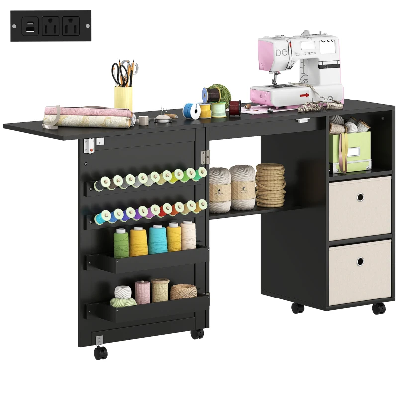 HOMCOM Rolling Sewing Machine Table with Power Outlet, Folding Craft Table with 2 Fabric Drawers, 2 Bins and 18 Pegs, Black