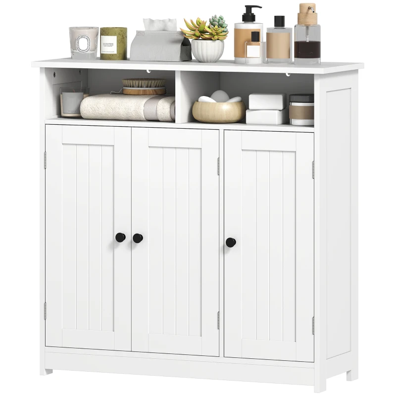 HOMCOM Bathroom Floor Cabinet, Freestanding Bathroom Storage Unit with 3 Doors, 2 Open Shelves and Adjustable Shelf, White