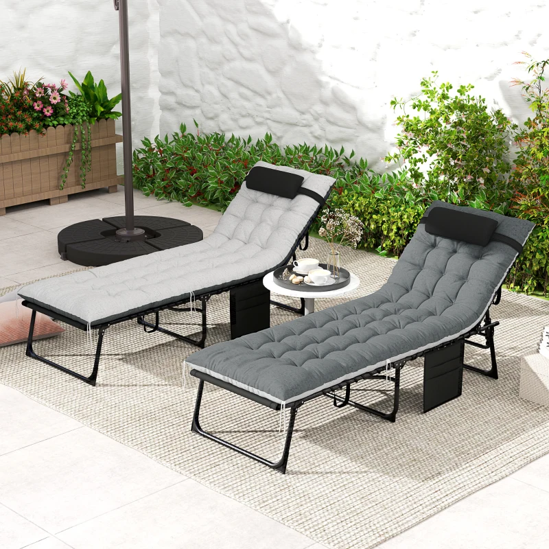 Outsunny Outdoor Lounge Chair Set of 2, Folding Chaise Lounge Tanning Chair with Cushion, Side Pocket, Black/Grey