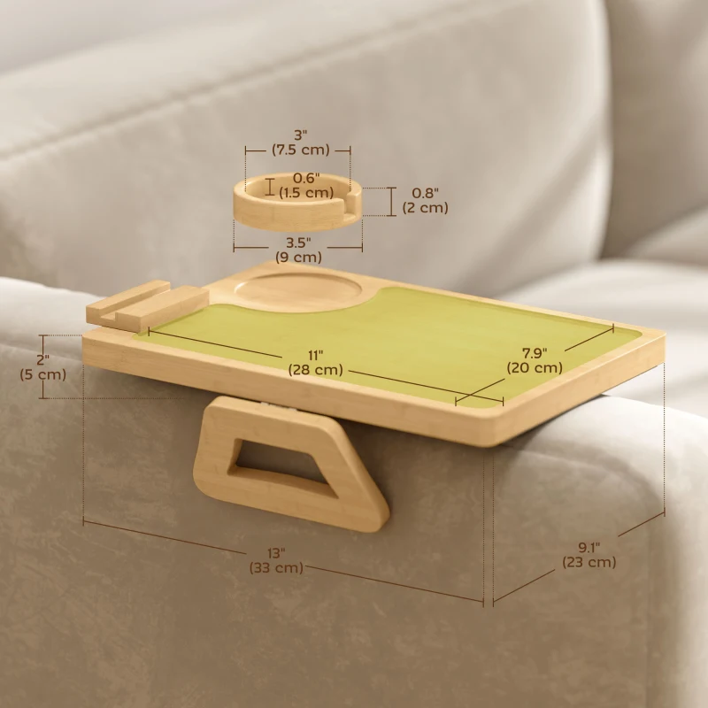 HOMCOM Couch Arm Tray, Clip-On Side Table with 360° Rotating Phone Holder and Removable Cup Holder, Natural
