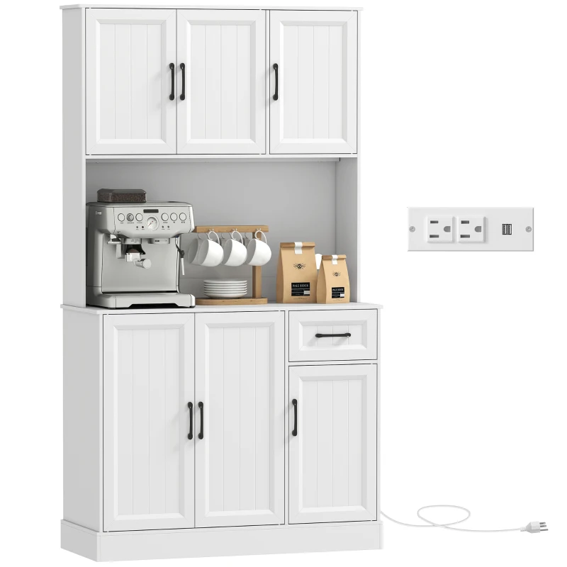 HOMCOM 71" Pantry Cabinet with Charging Station, Kitchen Storage Cabinet with Microwave Stand, Adjustable Shelves, White
