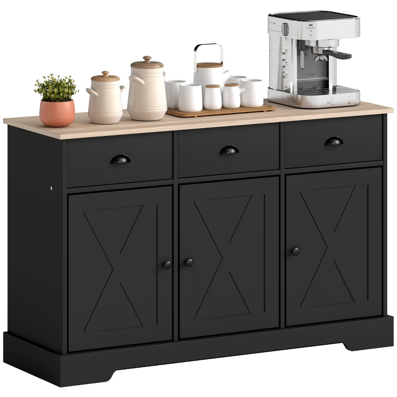 HOMCOM 46.5" Buffet Cabinet, Farmhouse Sideboard with 3 Barn Doors and 3 Drawers for Living Room, Kitchen, Black
