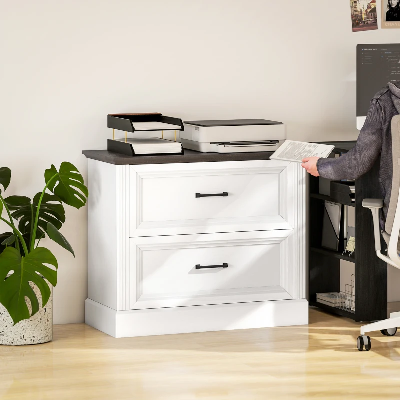 HOMCOM Lateral Filing Cabinet, Farmhouse File Cabinet with 2 Silent Drawers for Letter/A4/Legal Size Files, White