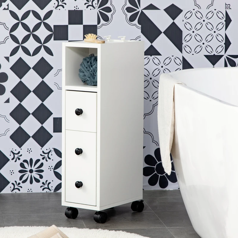kleankin Slim Bathroom Cabinet with Wheels, Narrow Bathroom Storage Cabinet with Door, Drawer and 2 Open Compartments, White