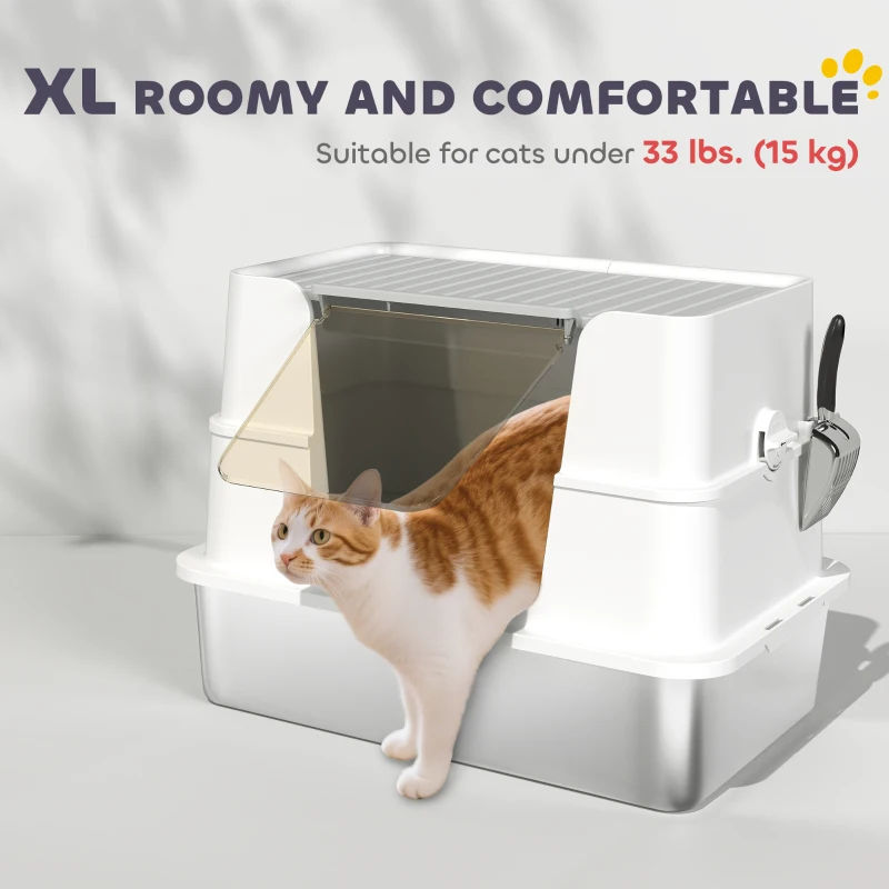 PawHut XL Stainless Steel Litter Box with Lid, Extra Large Covered Cat Litter Box for Indoor Kittens with Filp Top, Scoop