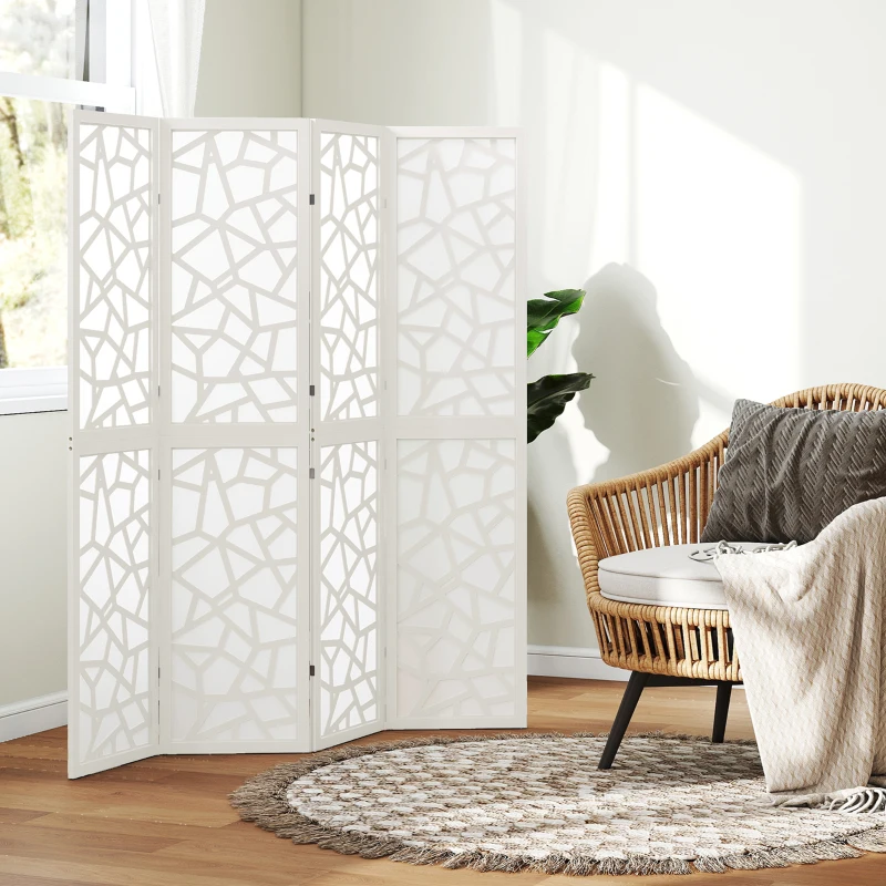 HOMCOM 4 Panel Room Divider, 5.6 FT Lightweight Folding Privacy Screen with Geometric Pattern for Living Room, Bedroom, White