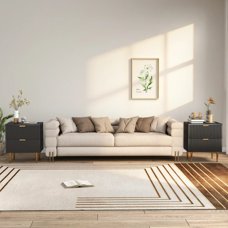 HOMCOM Bedside Table Set of 2, Modern Nightstand with 2 Drawers, Side End Table with Metal Legs for Living Room, Bedroom, Black