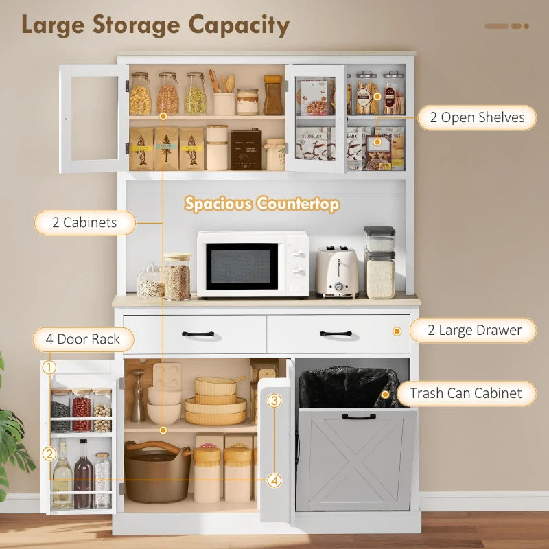 HOMCOM 69" Pantry Cabinet with Charging Station, Kitchen Storage Cabinet with Microwave Stand, Tilt-Out Trash Can, White