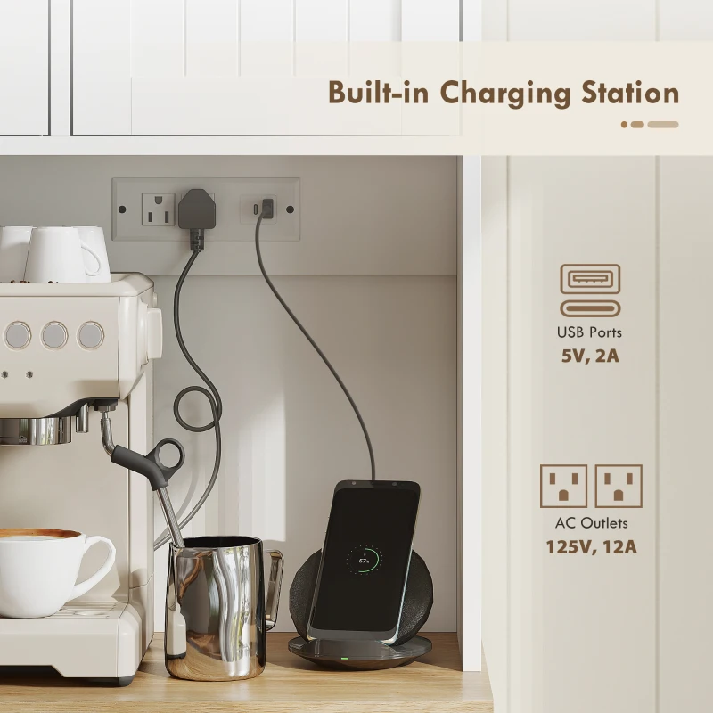 HOMCOM 68" Pantry Cabinet with Charging Station, Kitchen Storage Cabinet with Microwave Stand, 4 Door Racks, White