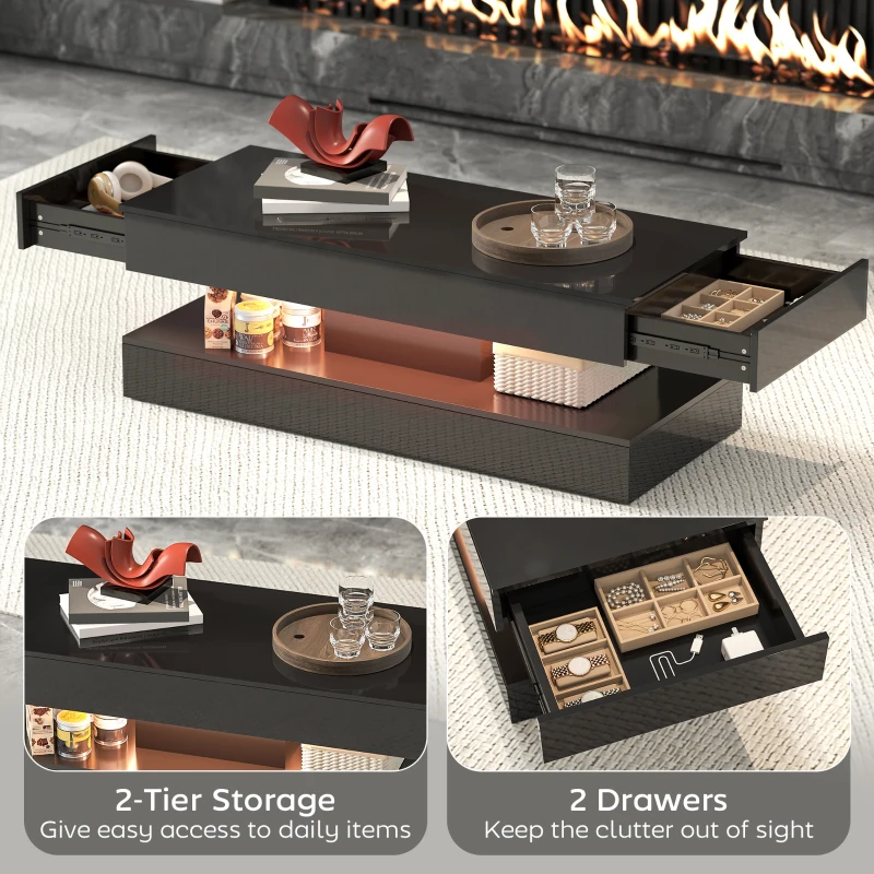 HOMCOM Coffee Table with Adjustable LED Lights, Modern Living Room Table with 2 Drawers, Open Shelf, Remote, High Gloss Black