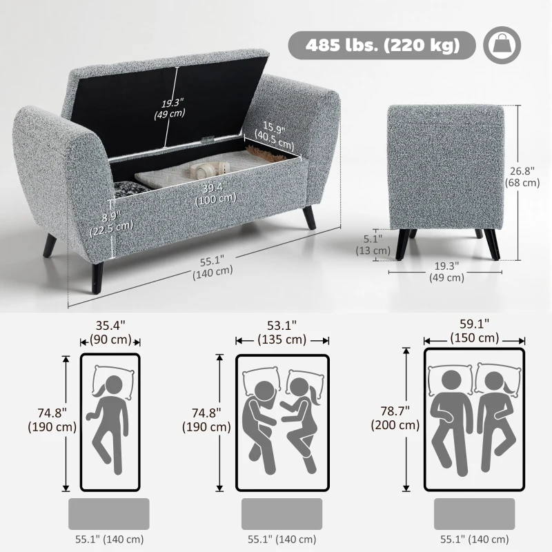 HOMCOM Upholstered Storage Bench with Arms, Modern Ottoman Bench for Bedroom, Entryway, and Living Room, Grey
