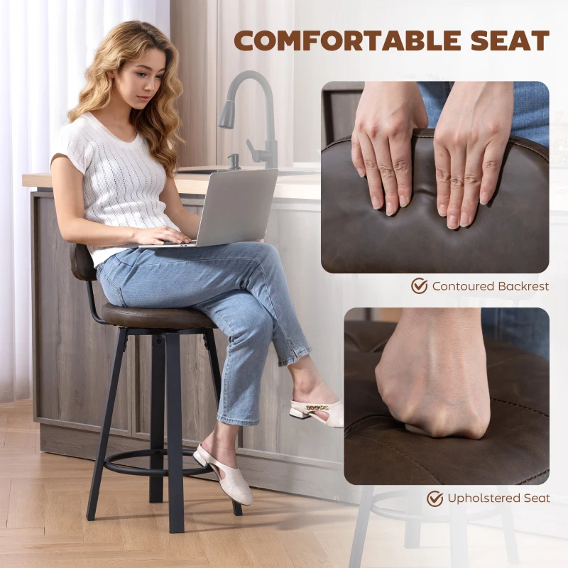 HOMCOM Bar Stools Set of 2, Upholstered Breakfast Bar Chairs with Footrest and Backrest for Kitchen Counter, Brown