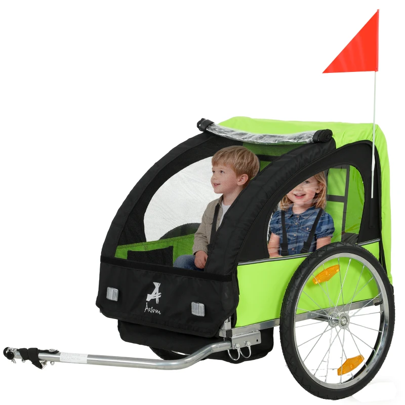 Aosom 2-Seat Child Bike Trailer for Kids with a Strong Steel Frame, 5-Point Safety Harnesses, & Comfortable Seat, Green