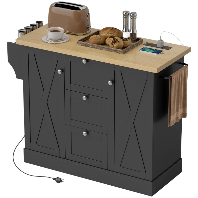 HOMCOM Farmhouse Kitchen Island Cart with Power Outlet and Soft-Close Doors, 49" Kitchen Island with 3 Drawers, Black