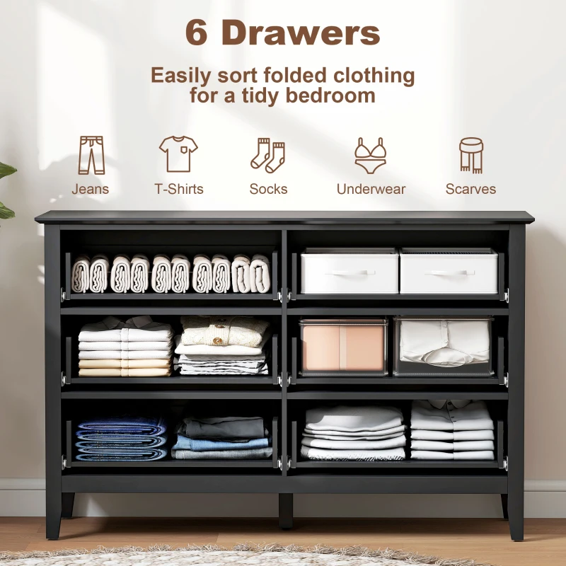 HOMCOM Double Chest of Drawers, Modern 6 Drawer Dresser for Bedroom, Living Room, Hallway, Closet, Black