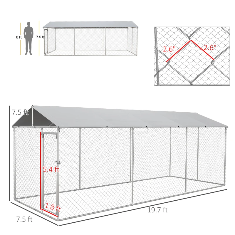 PawHut 19.7' x 7.5' x 7.5' Outdoor Dog Kennel for Large-Sized Dogs with Waterproof UV Resistant Roof, Silver