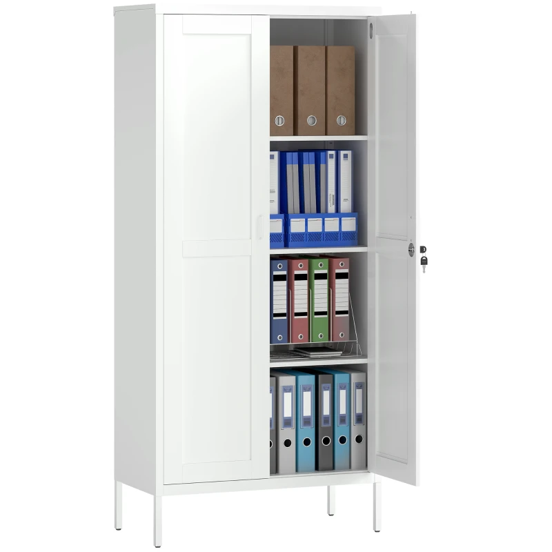 HOMCOM Office Storage Cabinet, Lockable Filing Cabinet with 3 Adjustable Shelves and 2 Doors for Home Office, Garage, White