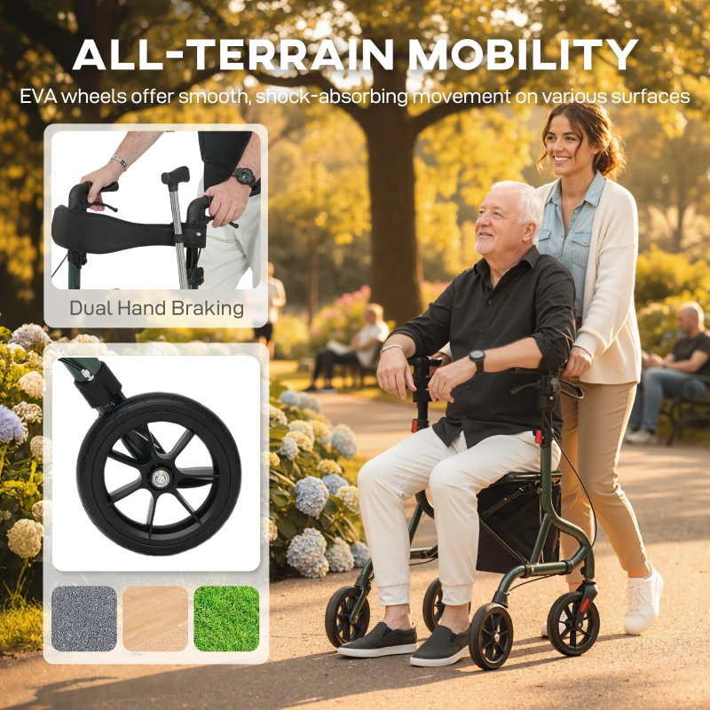 HOMCOM Foldable Rollator Walker with Seat for Seniors, Lightweight Rolling Walker with Adjustable Handles, Green