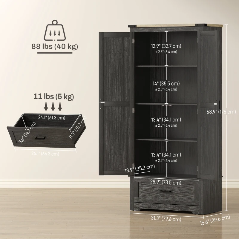 HOMCOM 69" Tall Farmhouse Kitchen Pantry Cabinet with 2 Doors, Drawer and Adjustable Shelves, Black and Brown
