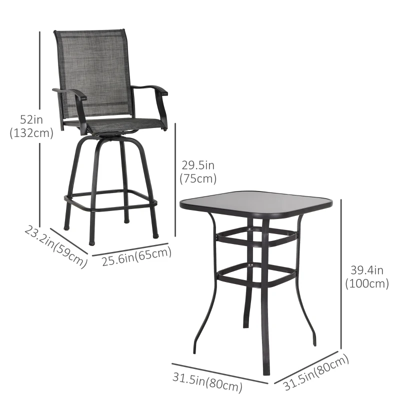 Outsunny 3 Piece Outdoor Patio Bar Set, 2 Swivel Stool and 1 Bar Table, All-Weather, Metal Frame for Balcony, Backyard, Deck, Grey