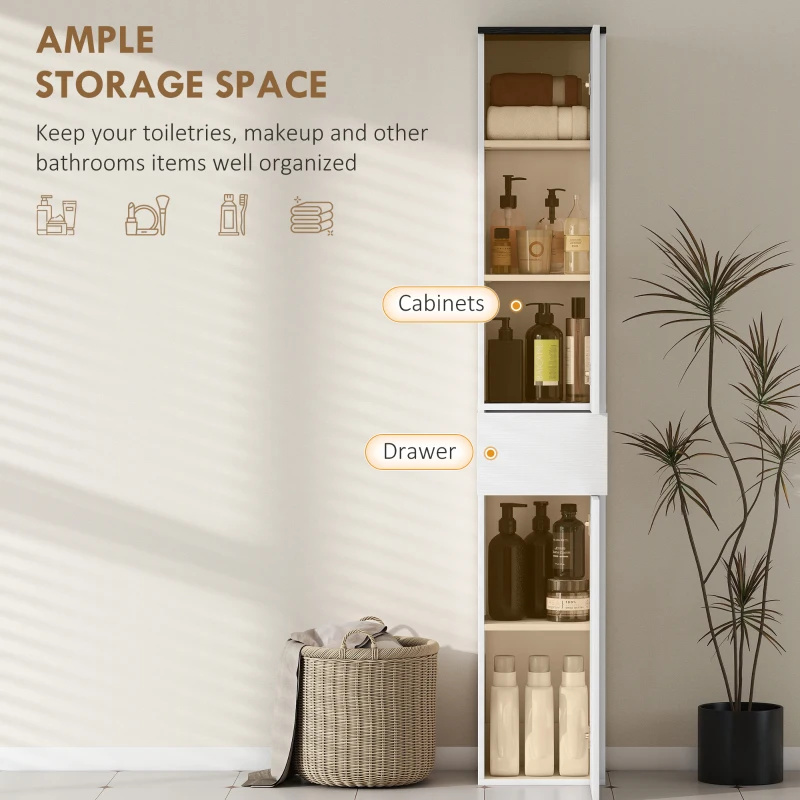 HOMCOM Tall Bathroom Cabinet with 2 Cupboards and Drawer, Slim Bathroom Storage Cabinet with Adjustable Shelves, White