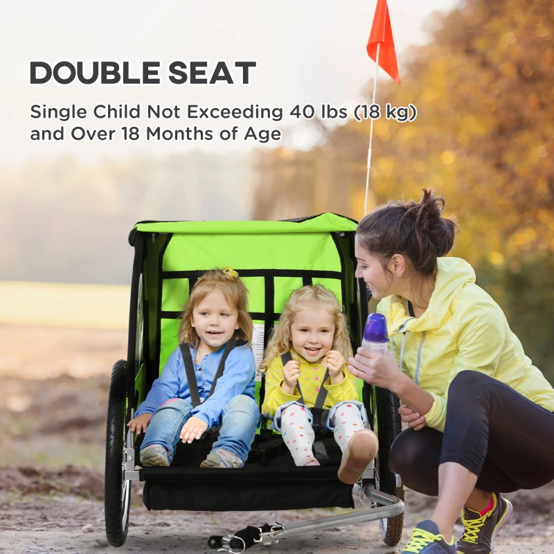 Aosom 2-Seat Child Bike Trailer for Kids with a Strong Steel Frame, 5-Point Safety Harnesses, & Comfortable Seat, Green