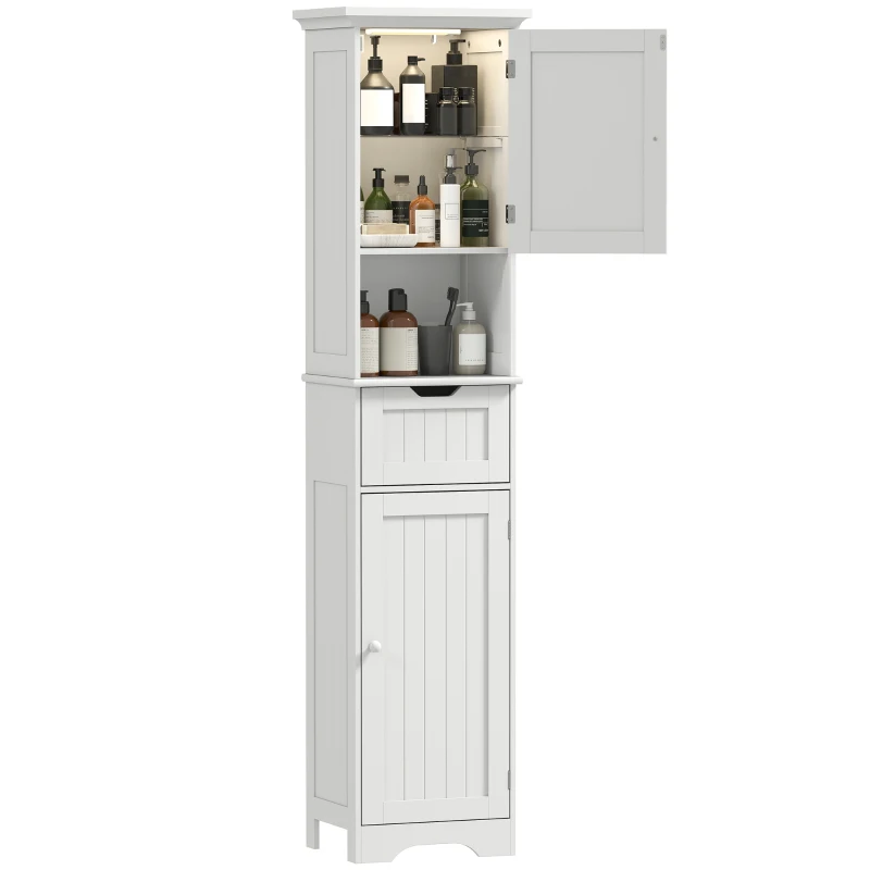 HOMCOM 67" Tall Bathroom Storage Cabinet, Narrow Bathroom Cabinet with LED Light, Adjustable Shelf, Open Compartment, Drawer