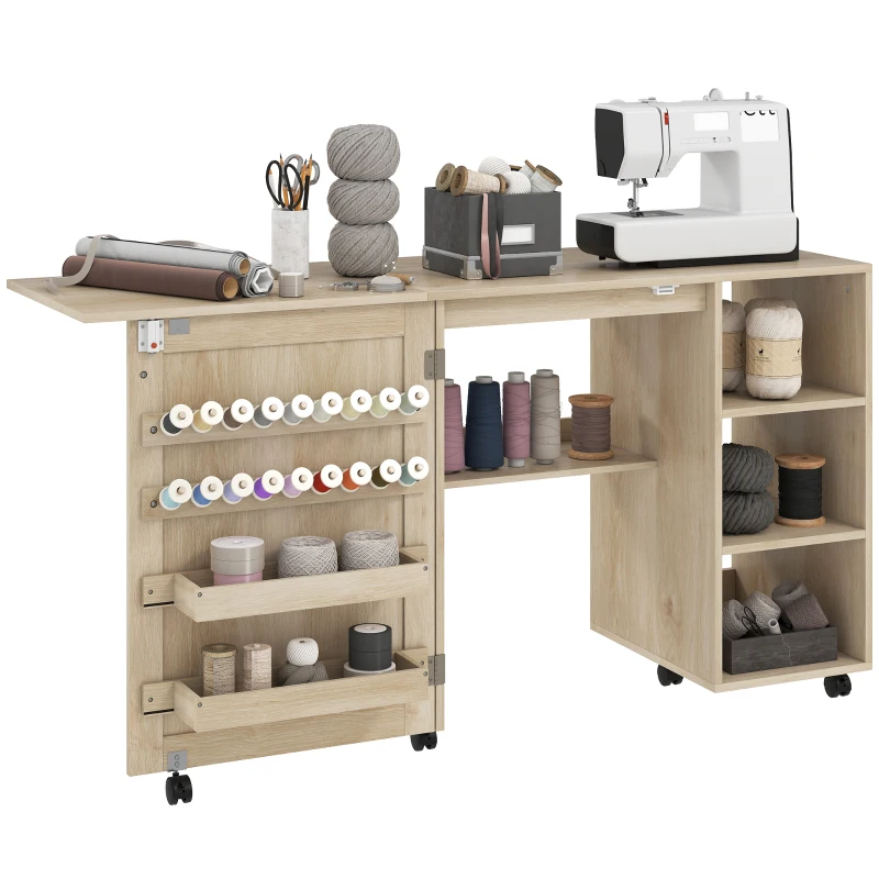 HOMCOM Sewing Machine Table with Drop Leaf, Folding Craft Table Rattan Door and Storage Shelves for Small Spaces, Natural