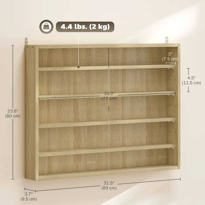 HOMCOM 5-storey Display Cabinet, Shot Glass Display Case, Glass Curio Cabinet with 2 Glass Doors and 4 Adjustable Shelves, Oak