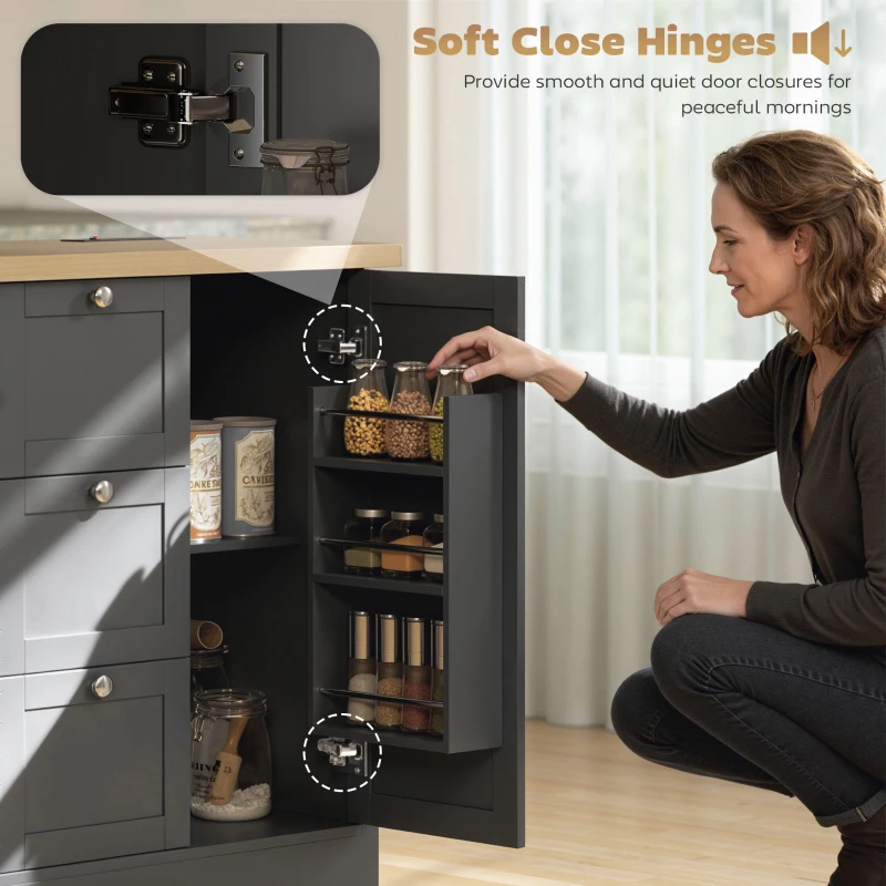 HOMCOM Farmhouse Kitchen Island Cart with Power Outlet and Soft-Close Doors, 49" Kitchen Island with 3 Drawers, Black