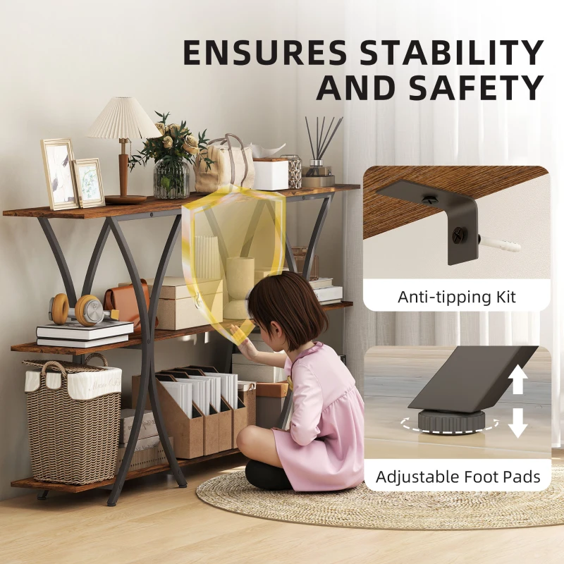 HOMCOM 71" Console Table, 3-Tier Industrial Entryway Table with 2 Storage Shelves for Living Room, Hallway, Rustic Brown