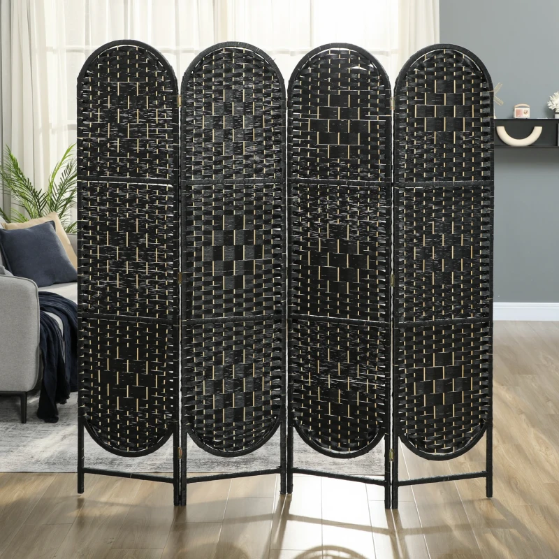 HOMCOM Bohemian Privacy Screen, Folding Room Divider with 4 Panels and Arched Top for Bedroom Living Room Office, Black