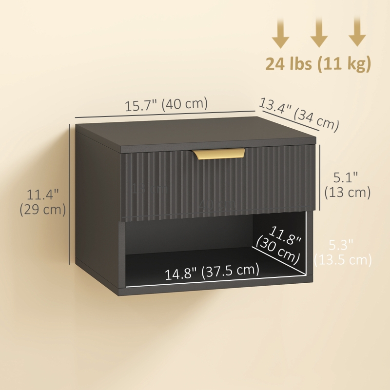 HOMCOM Floating Nightstands, Wall Mounted Bedside Tables Set of 2 with Drawer and Open Shelf, Black