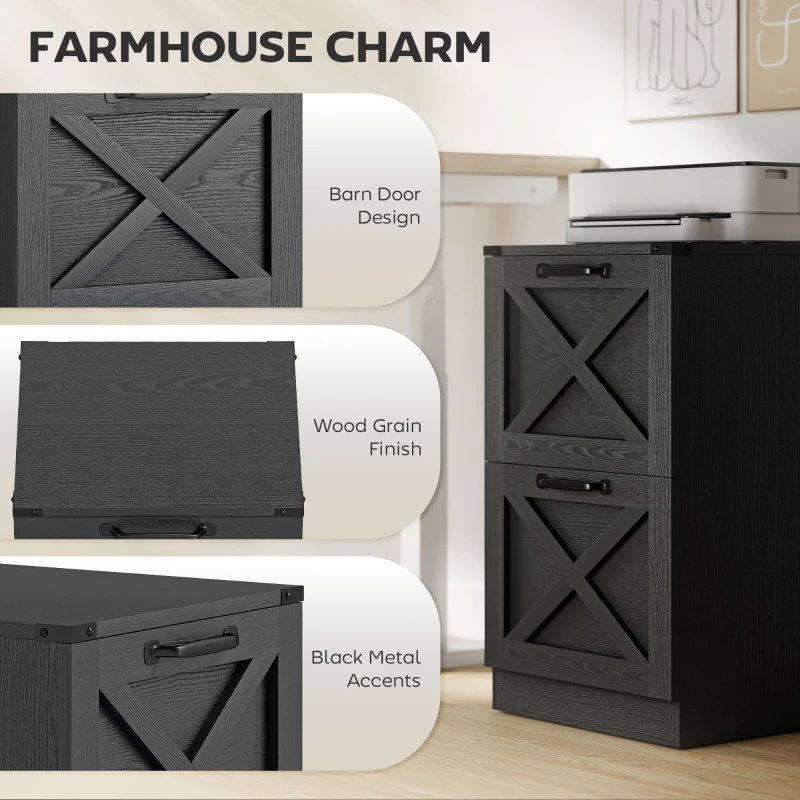 HOMCOM 2 Drawer File Cabinet with Silent Slides, Vertical Farmhouse Filing Cabinet Fits Letter/A4 Size Home Office, Black