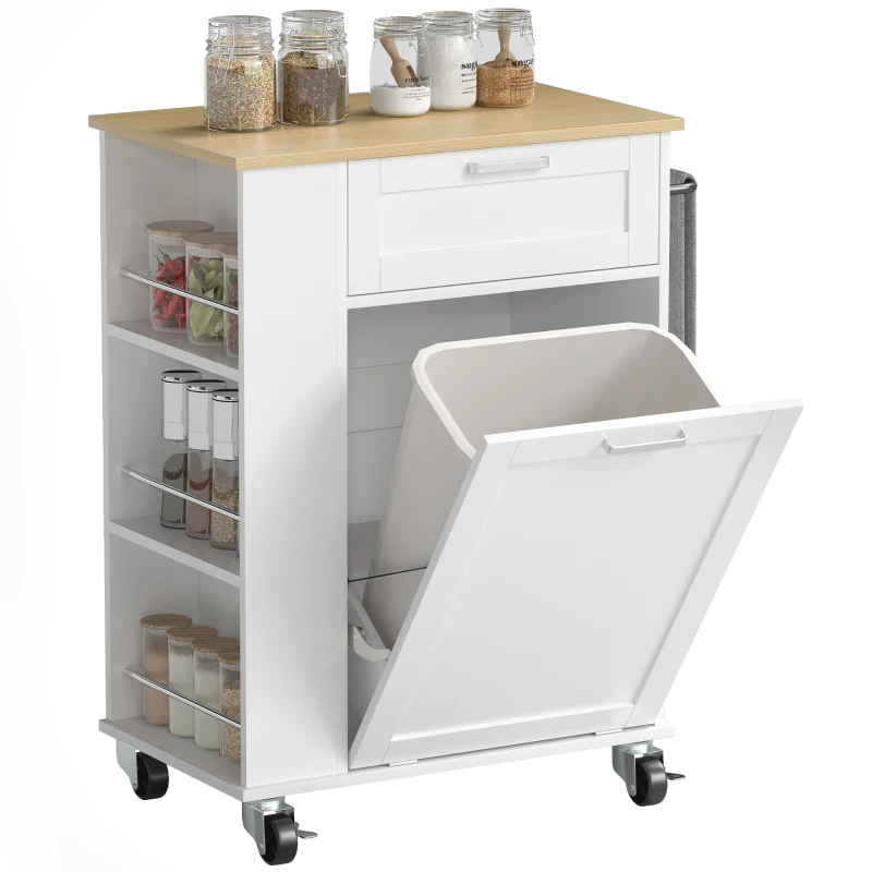 HOMCOM Rolling Kitchen Island with Trash Can Storage, Kitchen Island on Wheels with Spice & Rack, Drawer for Kitchen, White
