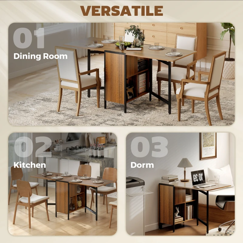 HOMCOM Multi-use Foldable Table with Hideaway Shelves, Drop Leaf Table for Kitchen, Dining, Study and Office, Brown