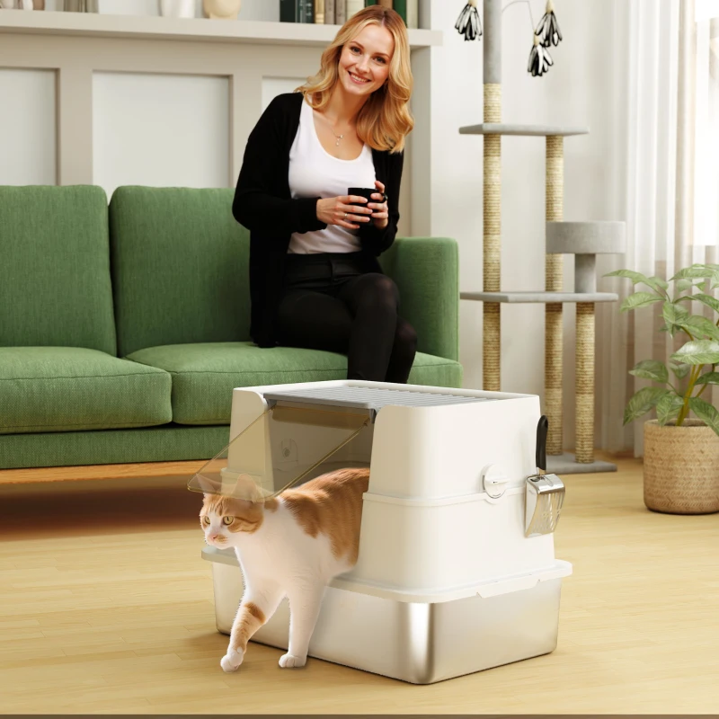 PawHut XL Stainless Steel Litter Box with Lid, Extra Large Covered Cat Litter Box for Indoor Kittens with Filp Top, Scoop