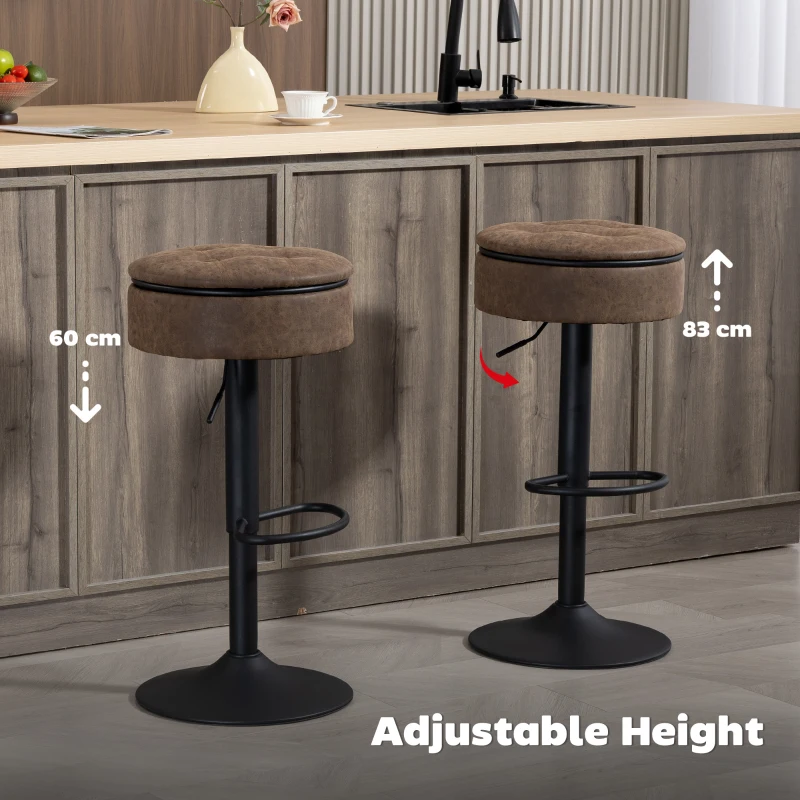 HOMCOM Set of 2 Barstools with Storage, Swivel Bar Stools with PU Leather Upholstered, Footrest, Steel Base, Brown