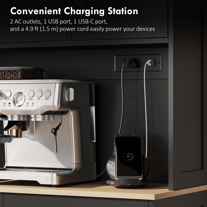 HOMCOM 68" Pantry Cabinet with Charging Station, Storage Cabinet with Microwave Stand, 10 Gallon Trash Can Cabinet, Black