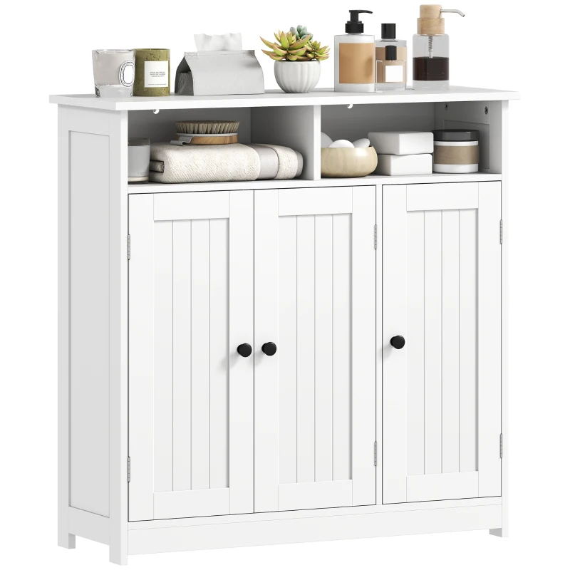 HOMCOM Bathroom Floor Cabinet, Freestanding Bathroom Storage Unit with 3 Doors, 2 Open Shelves and Adjustable Shelf, White