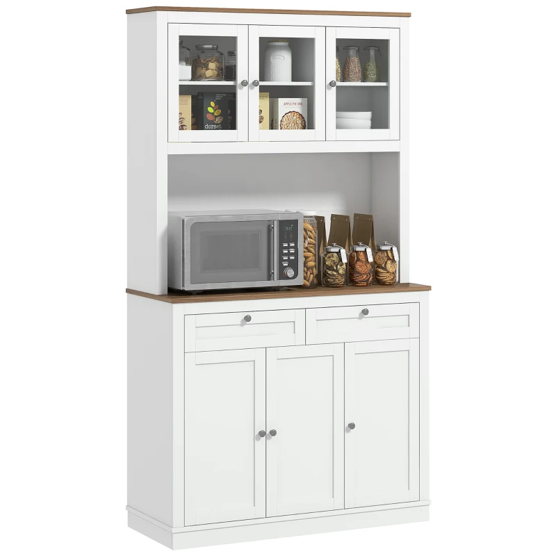 HOMCOM 71" Pantry Cabinet with Microwave Space, Kitchen Cabinet with Hutch, 2 Drawers, Adjustable Shelves, Glass Doors, White
