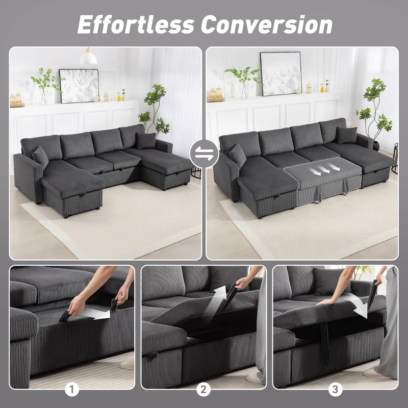 HOMCOM Convertible Sofa Bed, Corduroy U-Shaped Sleeper Sofa Couch with Storage Chaise, Pillows, Spring, Futon Couch, Grey