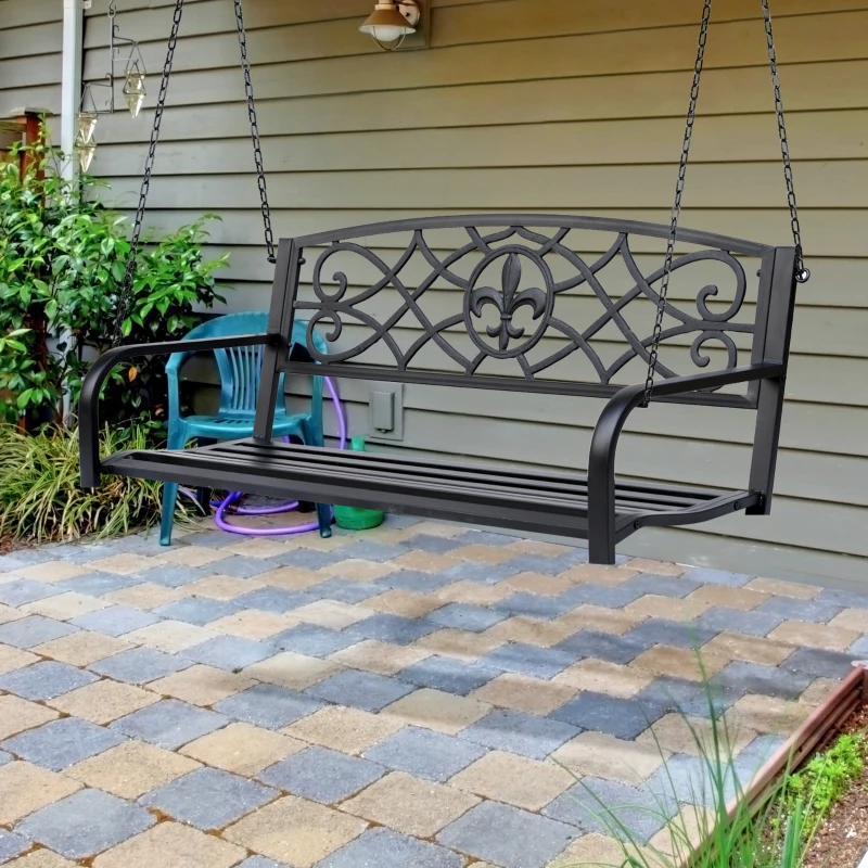 Outsunny 50"L Steel Porch Swing Fleur-De-Lis Patio Swing Chair Hanging Bench Outdoor 2-person Glider Chair Seat w/ Chain Antique Style Black