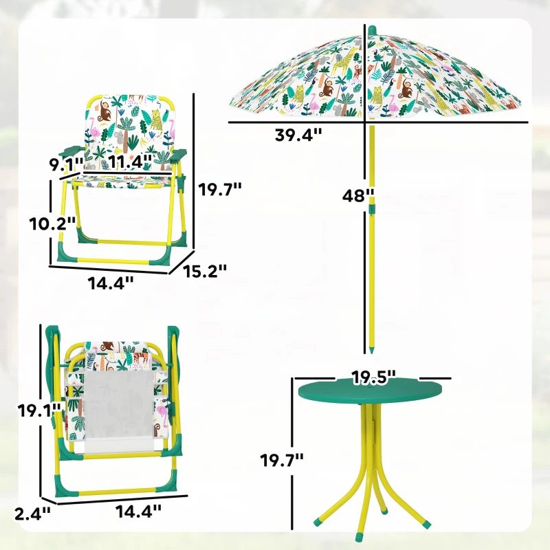 Qaba Kids Picnic Table, Kids Table and Chair Set with 2 Folding Chairs and Umbrella for Backyard, Garden, Patio, Green